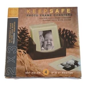 New Keepsafe Photo Glass Frame 4 Coasters 2x3 Pictures Elegant Solid Wood Holder